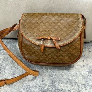 Celine Macadam Coated Canvas Brown Tan Crossbody Bag Flap Close Bow